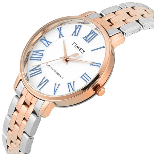 TIMEX Analog Watch for Woman with White Round Dial & Two Tone Stainless Steel Bracelet Band Water Resistant Women's Wrist Watches - TWEL19109 - Image 2