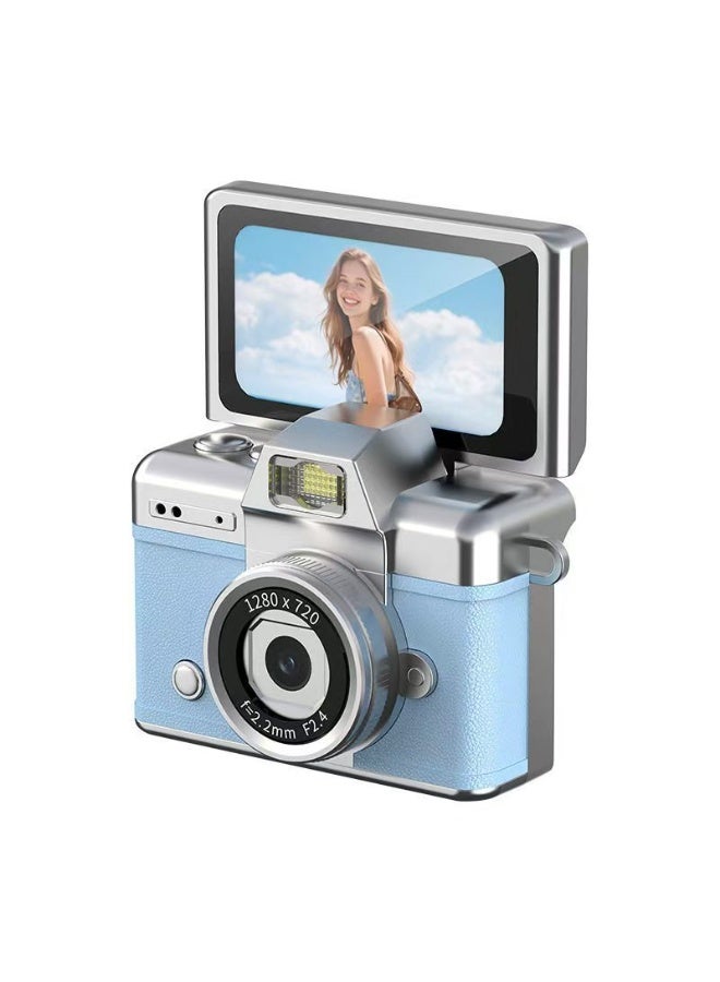 Flip-top camera, portable keychain-style camera, with built-in flash, suitable for travel and daily use, can also be given as a gift to others (blue)