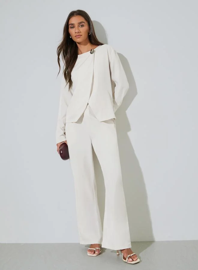 Beige Solid Asymmetric Top and Wide Leg Pants Co-Ord Set