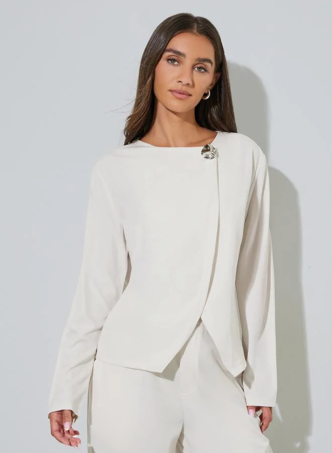 Styli  Beige Solid Asymmetric Top and Wide Leg Pants Co-Ord Set for Women | Best Price UAE