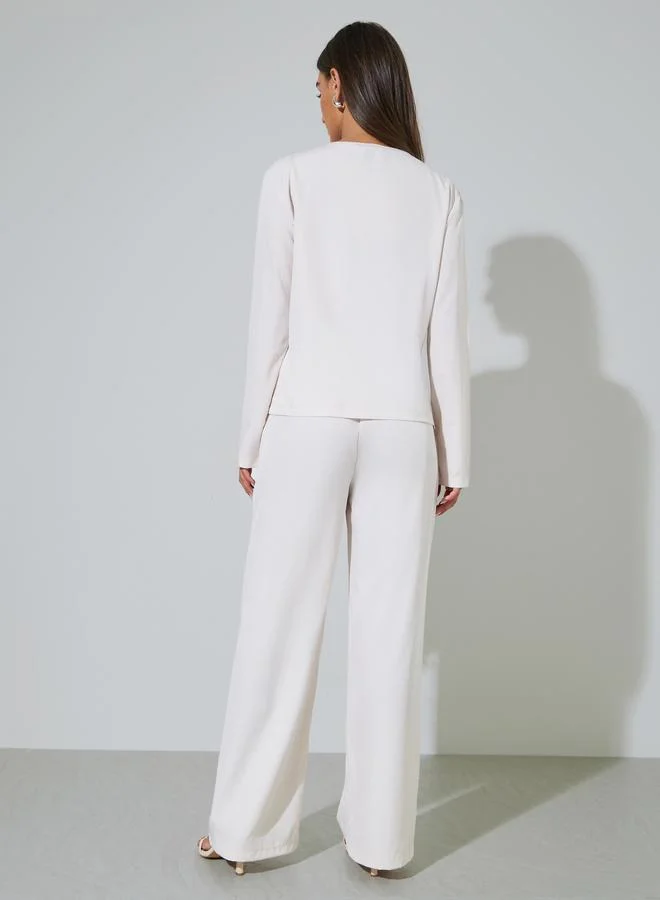 Styli  Beige Solid Asymmetric Top and Wide Leg Pants Co-Ord Set for Women | Best Price UAE