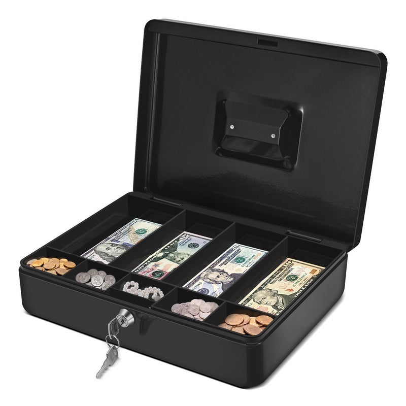Flexzion Cash Box with Money Tray and Lock - Metal Cash Box for Small Businesses, 9-Compartment Black Money Box with Removable Tray and Key, Portable Storage for Checks and Coins - Image 1