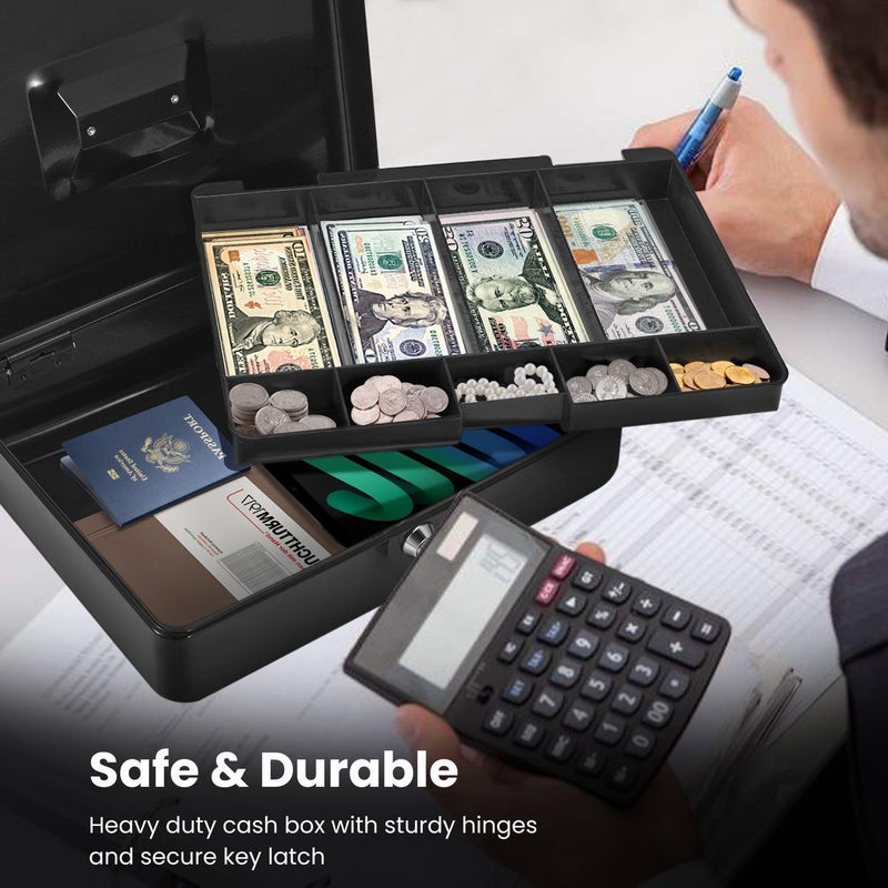 Flexzion Cash Box with Money Tray and Lock - Metal Cash Box for Small Businesses, 9-Compartment Black Money Box with Removable Tray and Key, Portable Storage for Checks and Coins - Image 5