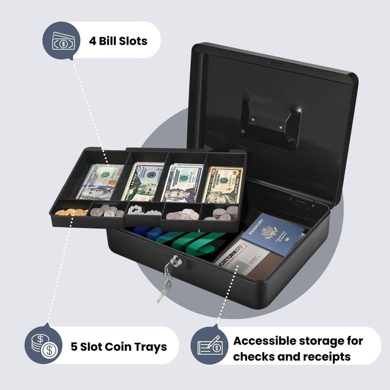 Flexzion Cash Box with Money Tray and Lock - Metal Cash Box for Small Businesses, 9-Compartment Black Money Box with Removable Tray and Key, Portable Storage for Checks and Coins - Image 3