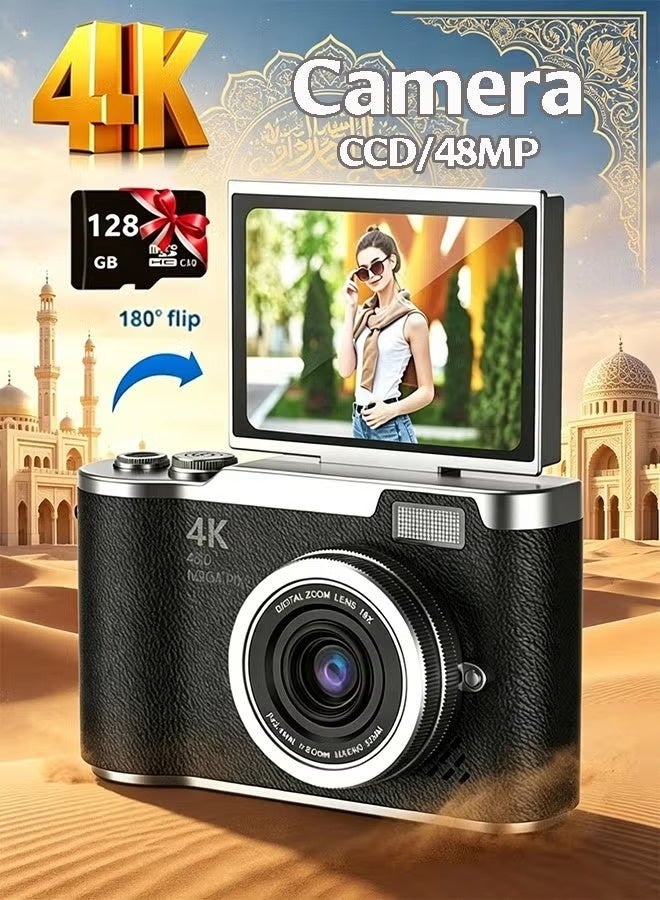 4k CCD Digital Zoom Student Digital Camera 48MP Portable Digital Photography Camera 180° Flip Screen Selfie Camera，with 128GB SD card - Image 1
