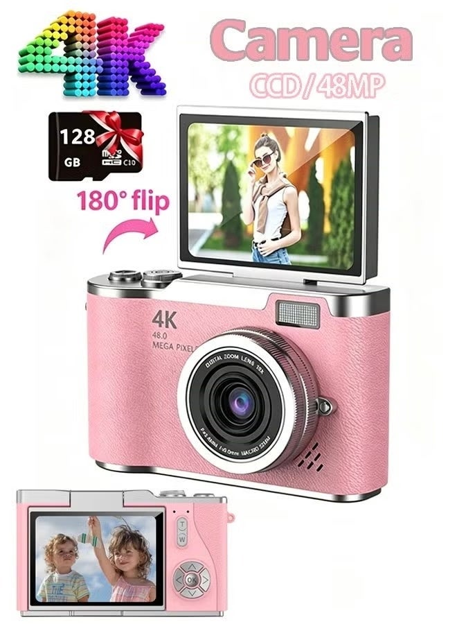 4k CCD Digital Zoom Student Digital Camera 48MP Portable Digital Photography Camera 180° Flip Screen Selfie Camera，free 128GB SD card - Image 1