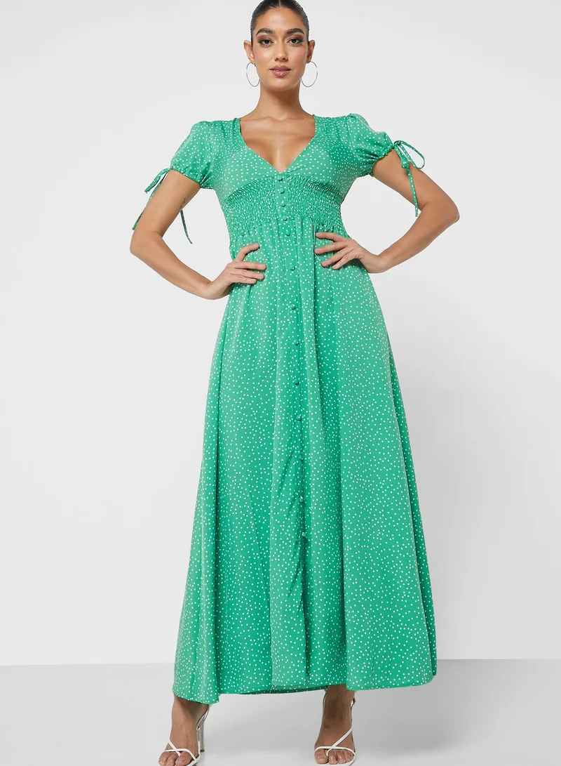 boohoo green polka dot dress Tie Detail Button Down for Women short formal evening dress