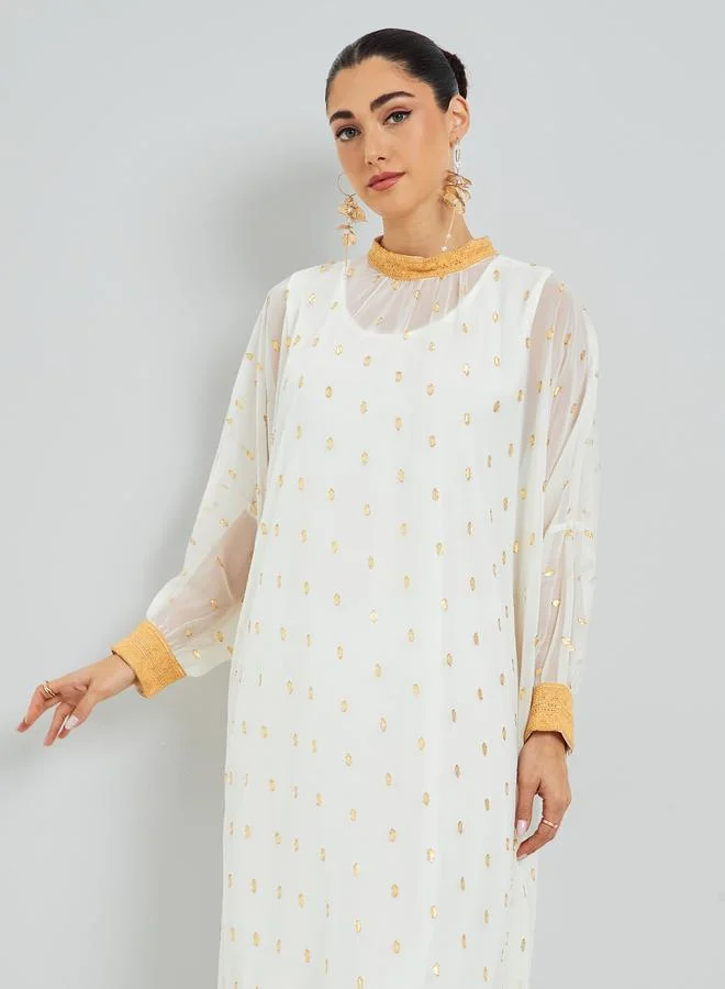 Amirah White Chiffon Printed Embellished Jalabiya