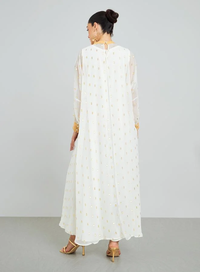 Amirah White Chiffon Printed Embellished Jalabiya