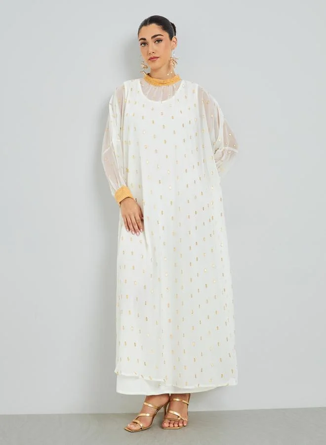 Amirah White Chiffon Printed Embellished Jalabiya