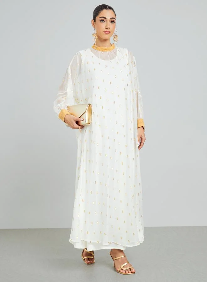 White Chiffon Printed Embellished Jalabiya