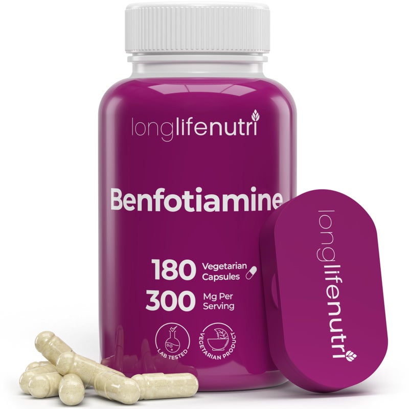 LongLifeNutri Benfotiamine 300mg – 180 Vegetarian Capsules, 6-Month Supply, Fat-Soluble B1 Thiamine Supplement for Energy and Wellness, Lab Tested, Made in USA - Image 1