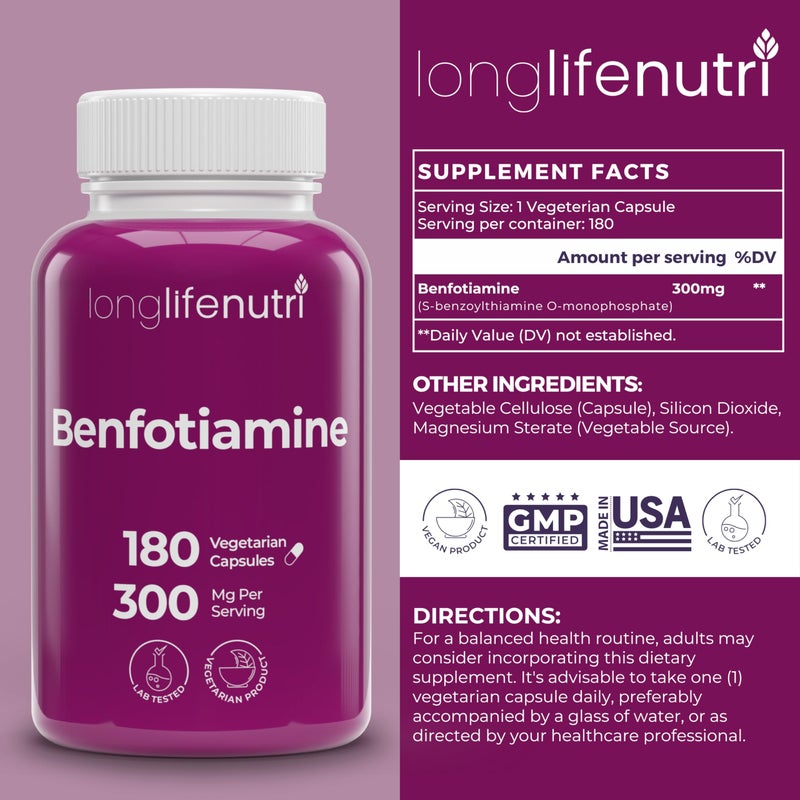 LongLifeNutri Benfotiamine 300mg – 180 Vegetarian Capsules, 6-Month Supply, Fat-Soluble B1 Thiamine Supplement for Energy and Wellness, Lab Tested, Made in USA - Image 2