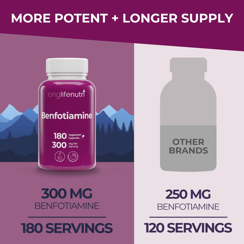 LongLifeNutri Benfotiamine 300mg – 180 Vegetarian Capsules, 6-Month Supply, Fat-Soluble B1 Thiamine Supplement for Energy and Wellness, Lab Tested, Made in USA - Image 3