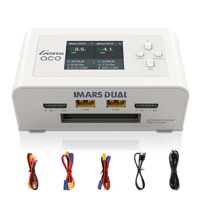 Gens ace Gens Ace Lipo Battery Charger Imars Dual Smart Lipo Charger 15A AC 200W DC 600W RC Charger(White)  - Image 1