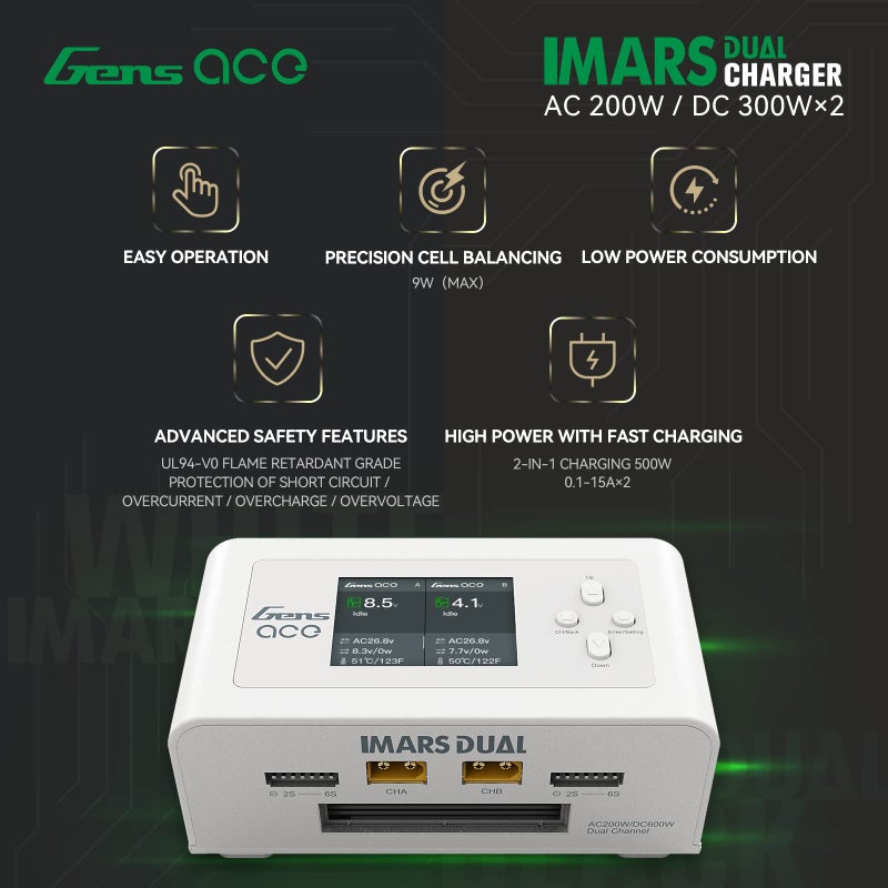 Gens ace Gens Ace Lipo Battery Charger Imars Dual Smart Lipo Charger 15A AC 200W DC 600W RC Charger(White)  - Image 3
