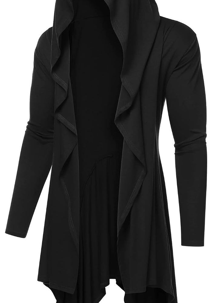 COOFANDY Long Hooded Cardigan with Ruffle Shawl Collar and Pockets - Black - Image 1
