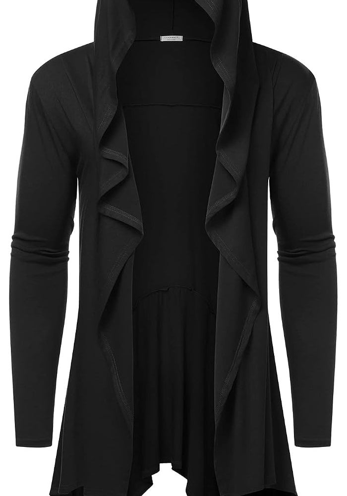 COOFANDY Long Hooded Cardigan with Ruffle Shawl Collar and Pockets - Black - Image 3