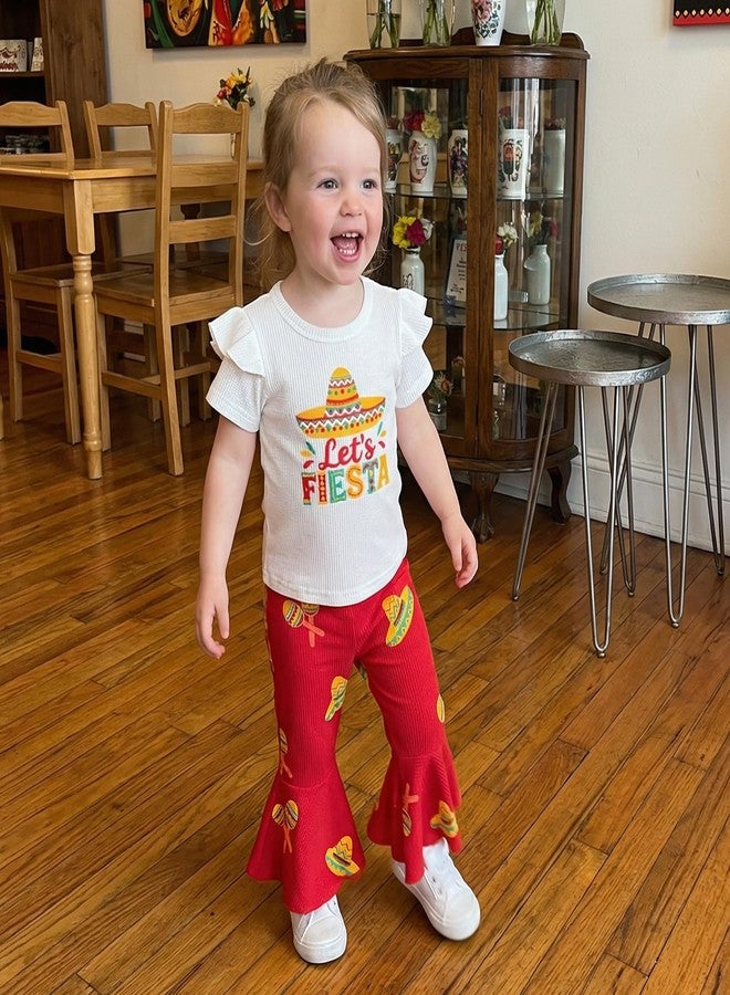 Socutebabe Toddler Girl Cinco De Mayo Outfit Let's Fiesta Embroidery T-Shirt Flared Pants Cute Summer Mexican Fiesta Clothes (White, 6-12 Months) - Image 3