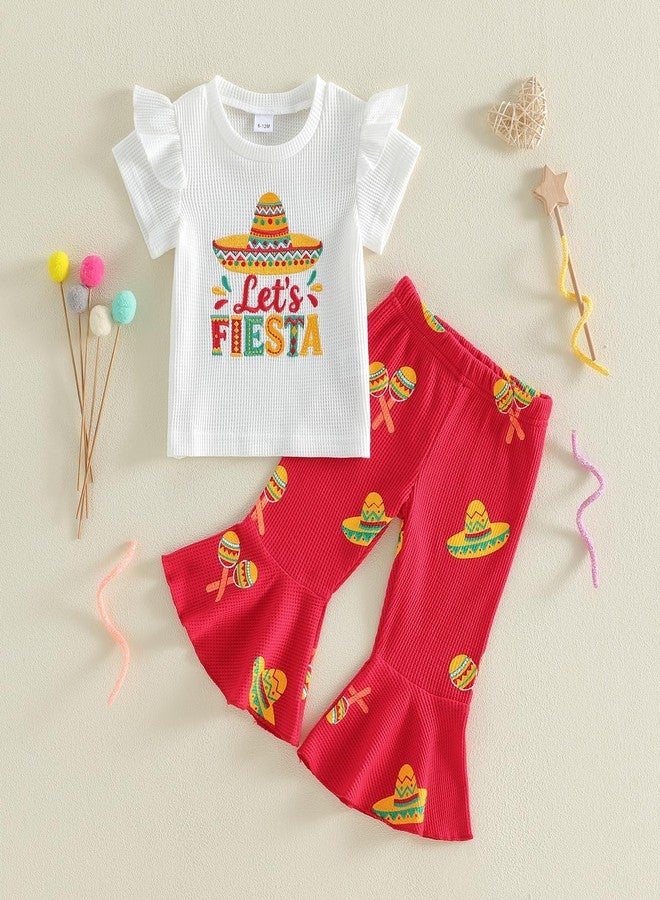 Socutebabe Toddler Girl Cinco De Mayo Outfit Let's Fiesta Embroidery T-Shirt Flared Pants Cute Summer Mexican Fiesta Clothes (White, 6-12 Months) - Image 2