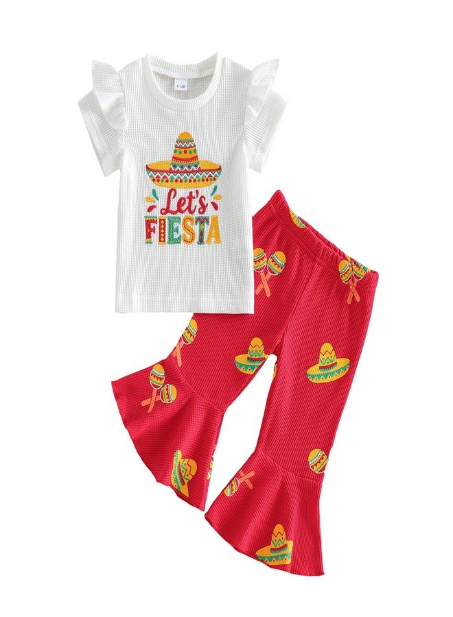 Socutebabe Toddler Girl Cinco De Mayo Outfit Let's Fiesta Embroidery T-Shirt Flared Pants Cute Summer Mexican Fiesta Clothes (White, 6-12 Months) - Image 1