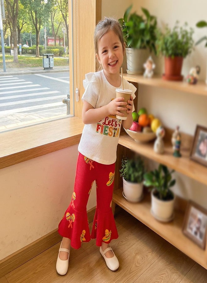 Socutebabe Toddler Girl Cinco De Mayo Outfit Let's Fiesta Embroidery T-Shirt Flared Pants Cute Summer Mexican Fiesta Clothes (White, 6-12 Months) - Image 5