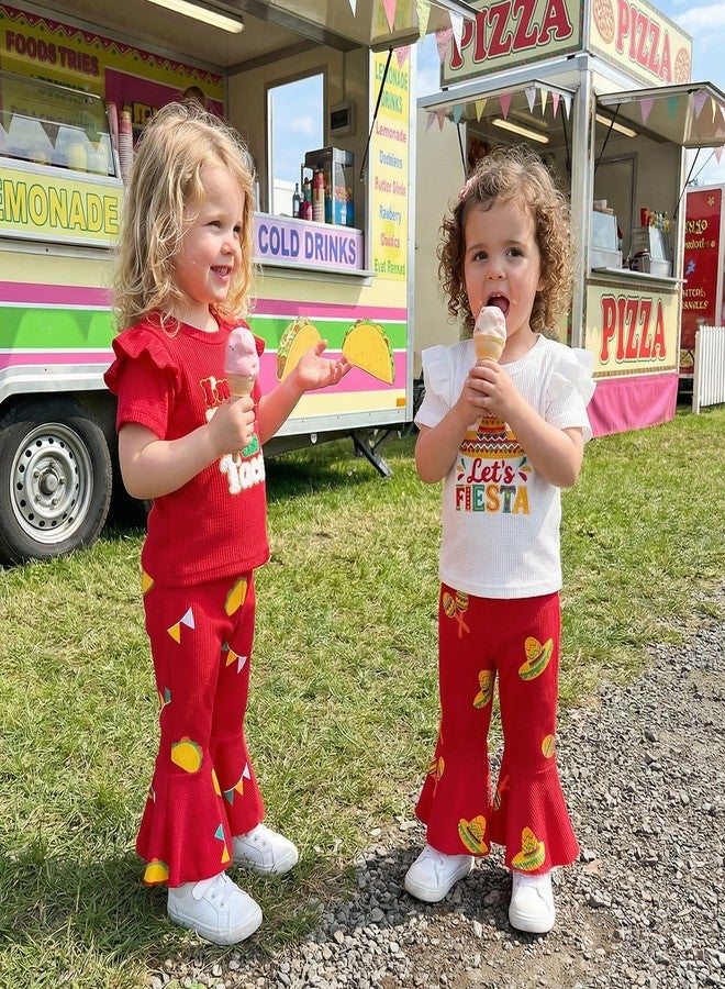 Socutebabe Toddler Girl Cinco De Mayo Outfit Let's Fiesta Embroidery T-Shirt Flared Pants Cute Summer Mexican Fiesta Clothes (White, 6-12 Months) - Image 4