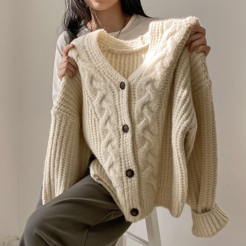 Korean Chic Autumn Single-Breasted Cable Knit Sweater Jacket Womens Loose-Fit Long Sleeve Cardigan Jacket For Ladies Off-white [follow the store for priority delivery] 