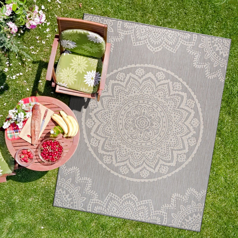 CAMILSON Outdoor Rug 5x7 Modern Area Rugs for Indoor and Outdoor Patios and Porches  Waterproof Washable NonShedding EasytoClean Outside Carpet 5 x 7 Medallion  GreyWhite