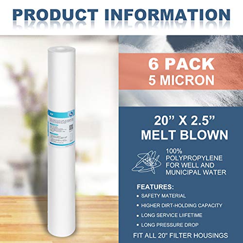 Membrane Solutions 5 Micron Sediment Water Filter Replacement Polypropylene Cartridge 20" x 2.5" for Whole House Filter System - 6 Pack - Image 3