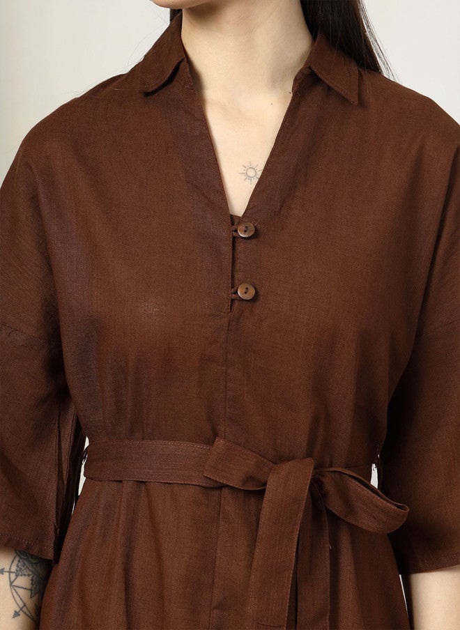 PlusS Brown Solid Belted A-Line Midi Dress for Women - Image 2