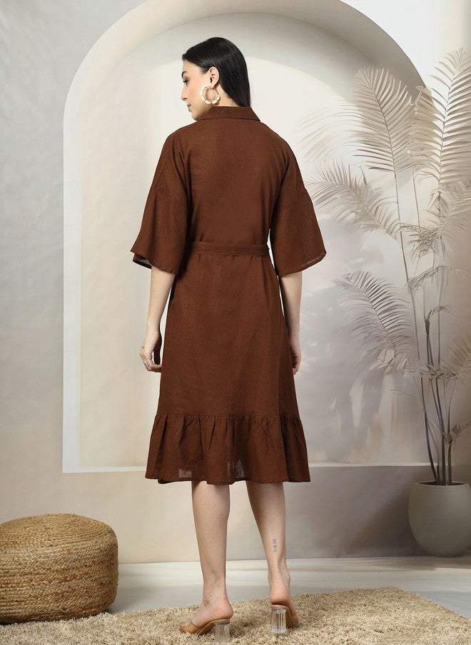 PlusS Brown Solid Belted A-Line Midi Dress for Women - Image 5