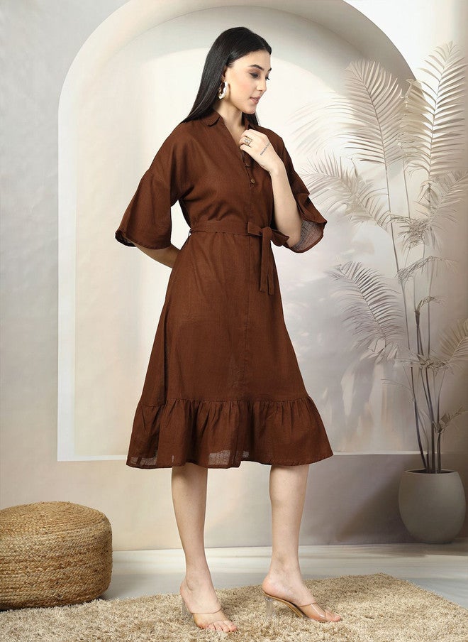 PlusS Brown Solid Belted A-Line Midi Dress for Women - Image 3