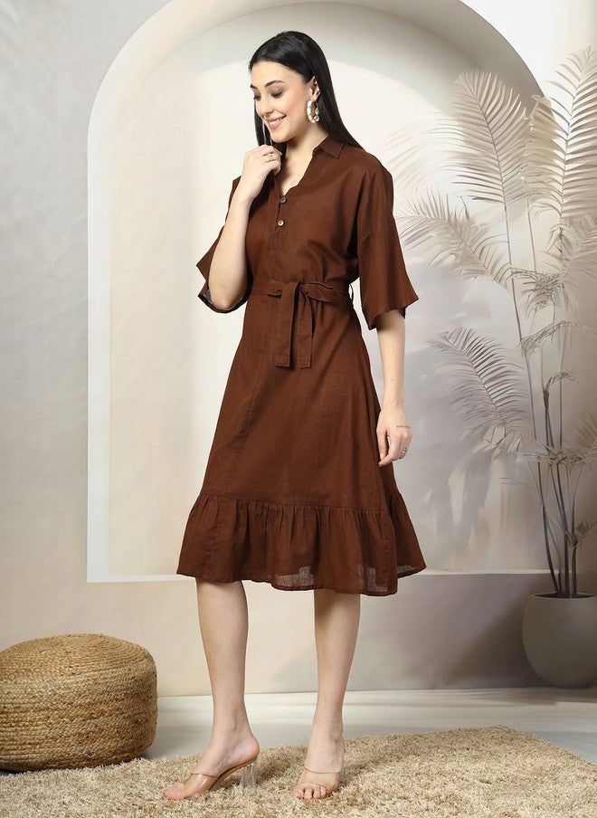 PlusS Brown Solid Belted A-Line Midi Dress for Women - Image 4