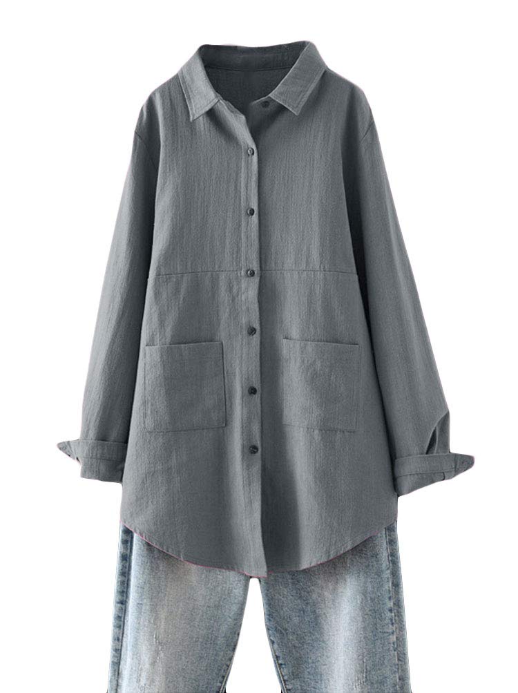 Minibee Women's Linen Shirts Button Down Long Tunic Tops Plus Size Blouse with Pockets Grey XL - Image 1