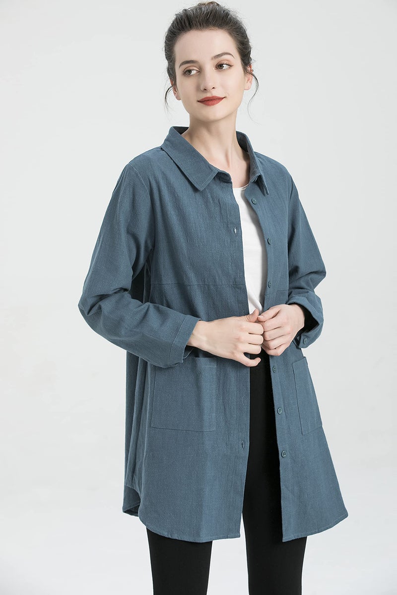 Minibee Women's Linen Shirts Button Down Long Tunic Tops Plus Size Blouse with Pockets Grey XL - Image 5