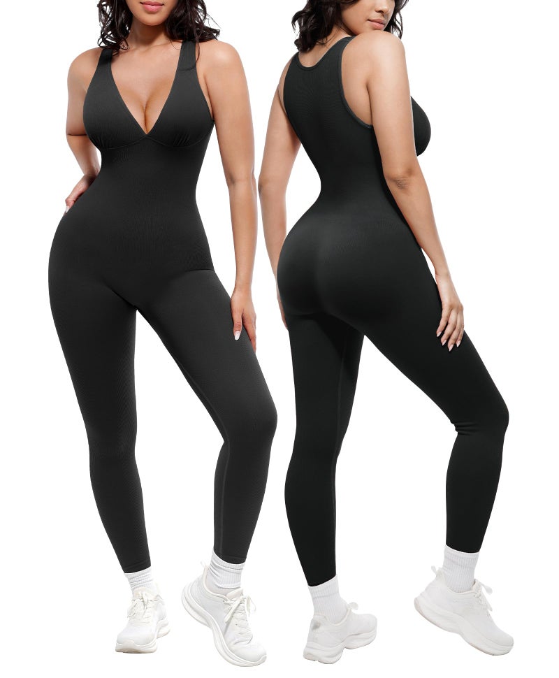 SHAPELLX Womens Tummy Control Workout Jumpsuits Seamless Yoga One Piece Bodycon Romper Full Length Leggings (Black XX-Large) - Image 1