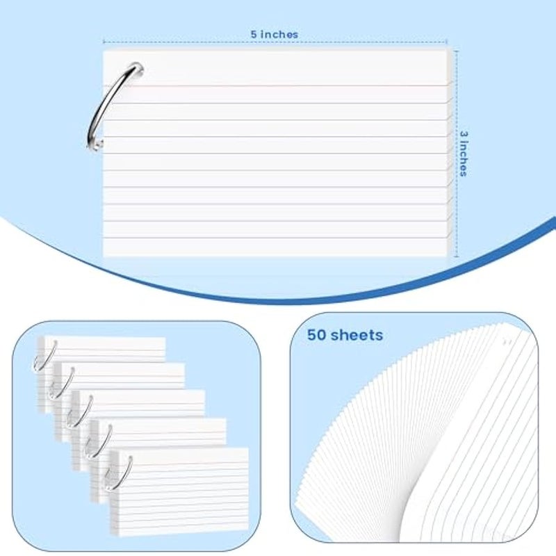 250 Count White Index Cards 3x5 Inch with Key Ring, 180gsm Heavyweight Flash Card (50 Sheets Each), Durable & Portable Note Taking for Students, Teachers, Study Note Cards for Office, Home School - Image 2