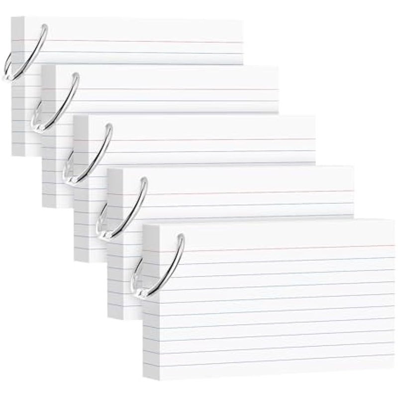 250 Count White Index Cards 3x5 Inch with Key Ring, 180gsm Heavyweight Flash Card (50 Sheets Each), Durable & Portable Note Taking for Students, Teachers, Study Note Cards for Office, Home School - Image 1