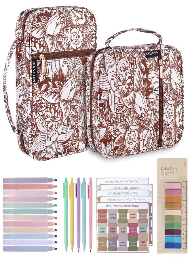 Gientten Bible Cover for Girls with Accessories, Floral Pattern, Includes Highlighters, Pens, Bookmarks, and Sticky Notes, Bible Case for Women Organizer Sets (Brown) - Image 1