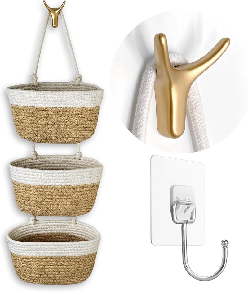 HaoTuJoho 3-Tier Decorative Cotton Rope Hanging Basket, Wall-Mounted Woven Storage Organizer Bag, White + Jute - Image 1