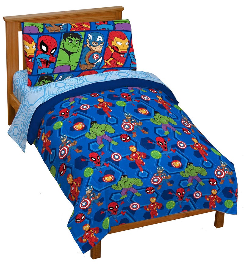 Jay Franco Marvel Super Hero Adventures Hero Together 4Piece Toddler Bed Set Super Soft Microfiber Bed Set Includes Toddler Size Comforter & Sheet Bedding Features The Avengers Official Product - Image 1