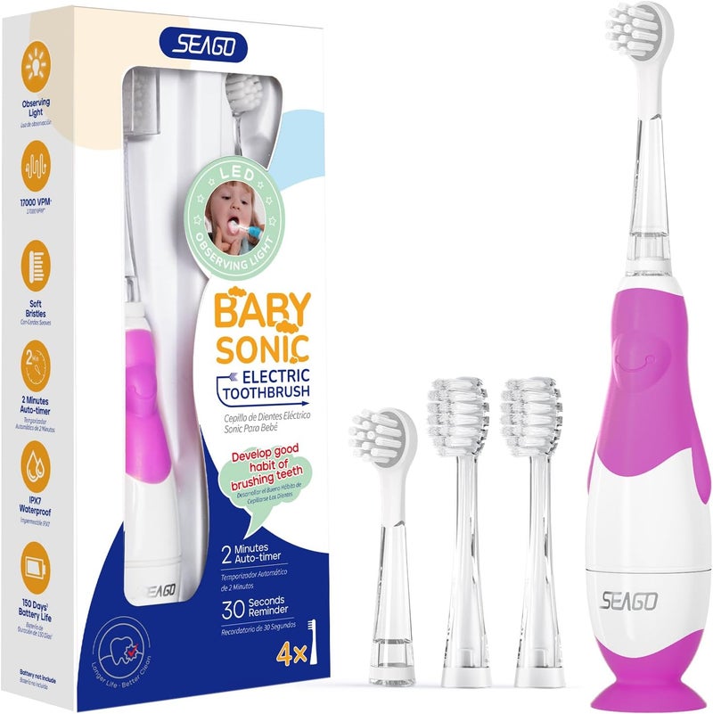 SEAGO Toddler Electric Toothbrushes for Baby Ages 0-3 Years, Baby Toothbrush with Smart Timer and Suction Base, 4 Replacement Brush Heads SG-513 - Image 1
