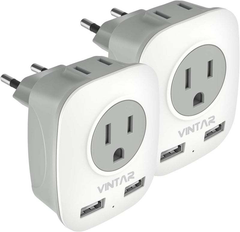 VINTAR 2 Pack European Travel Plug Adapter, International Power Plug Adapter with 2 USB Ports,2 American Outlets- 4 in 1 Outlet Adapter,Travel Essentials to Italy,Greece,France, Spain (Type C) - Image 1