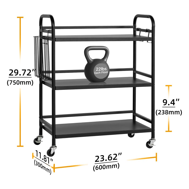 HDANI 3 Tier Rolling Cart,Heavy Duty Multifunctional Metal Frame-Supports 22 Lbs Per Tier,Mesh Rolling Cart with 2 Lockable Wheels for Office,Home,Bedroom,Kitchen,Bathroom,Black - Image 2