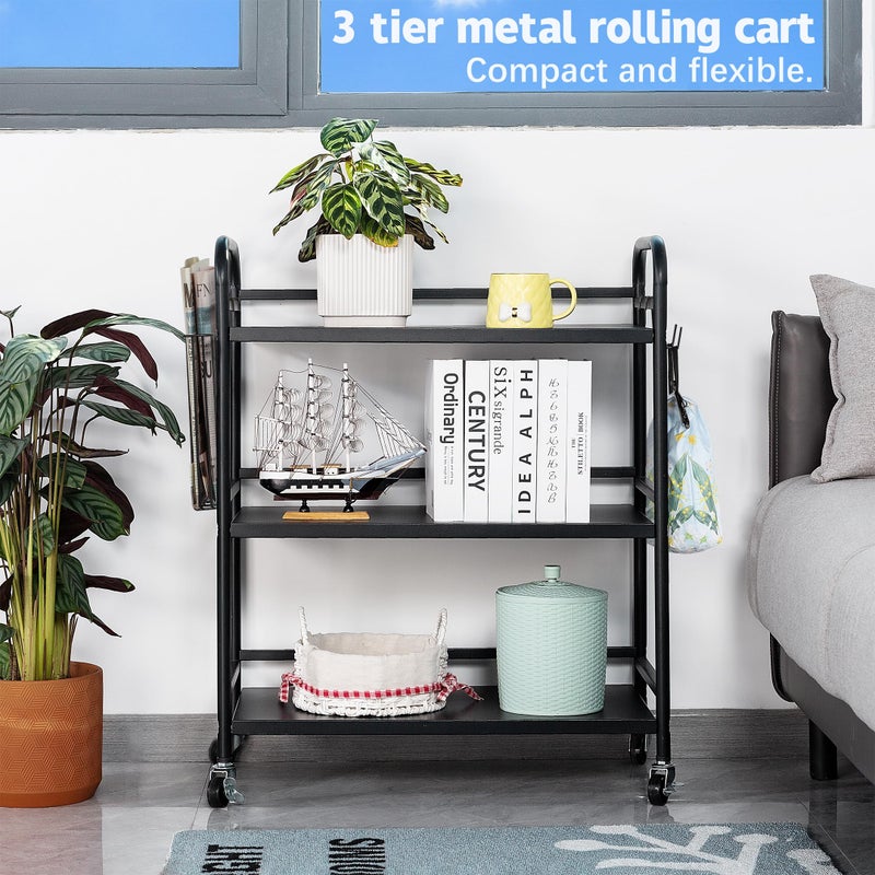 HDANI 3 Tier Rolling Cart,Heavy Duty Multifunctional Metal Frame-Supports 22 Lbs Per Tier,Mesh Rolling Cart with 2 Lockable Wheels for Office,Home,Bedroom,Kitchen,Bathroom,Black - Image 3