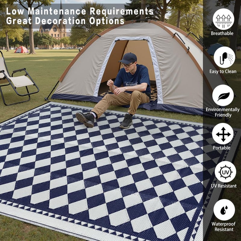 HUGEAR Outdoor Waterproof Rug 6'x9' Plastic Straw Rugs Washable Reversible Floor Mat Blue Plaid Carpet for Camping RV Deck Entryance Porch Picnic Balcony Beach Backyard - Image 3