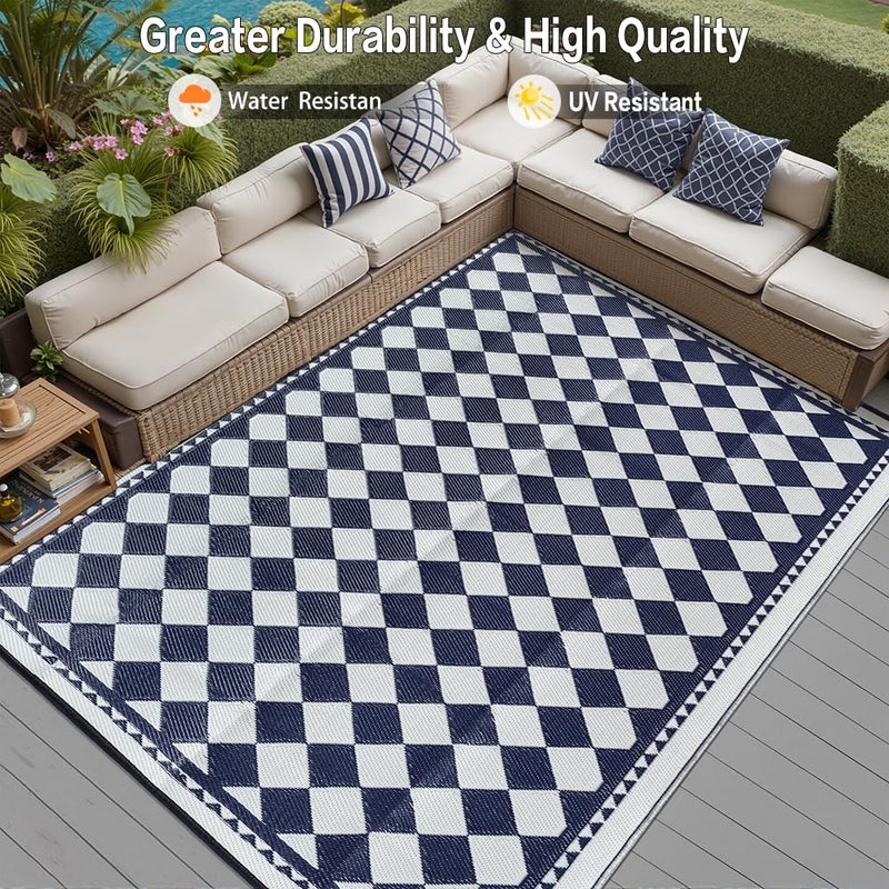 HUGEAR Outdoor Waterproof Rug 6'x9' Plastic Straw Rugs Washable Reversible Floor Mat Blue Plaid Carpet for Camping RV Deck Entryance Porch Picnic Balcony Beach Backyard - Image 4