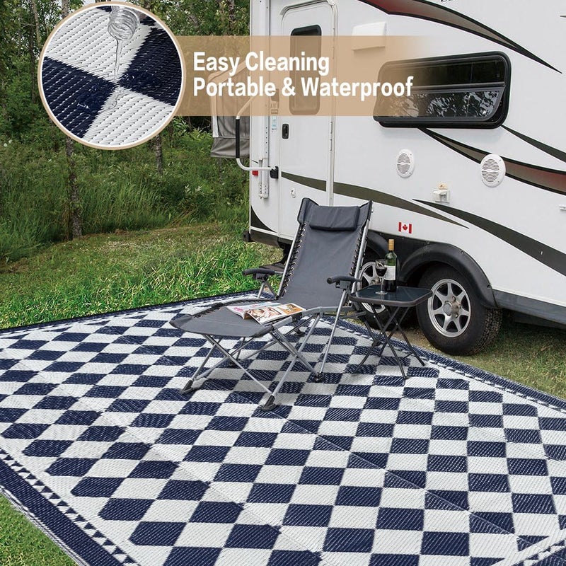 HUGEAR Outdoor Waterproof Rug 6'x9' Plastic Straw Rugs Washable Reversible Floor Mat Blue Plaid Carpet for Camping RV Deck Entryance Porch Picnic Balcony Beach Backyard - Image 5
