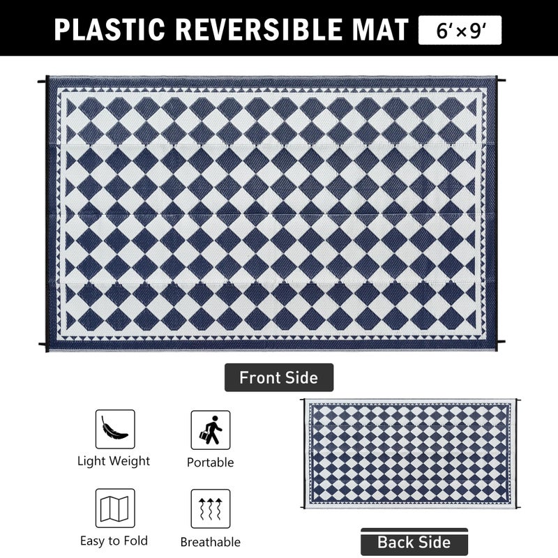 HUGEAR Outdoor Waterproof Rug 6'x9' Plastic Straw Rugs Washable Reversible Floor Mat Blue Plaid Carpet for Camping RV Deck Entryance Porch Picnic Balcony Beach Backyard - Image 2
